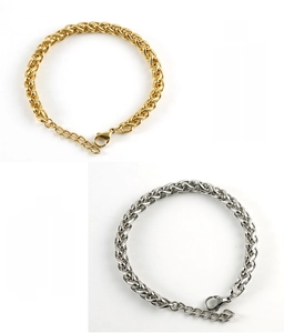Detail of gold and silver stainless steel wheat chain bracelets with lobster clasp and extensions