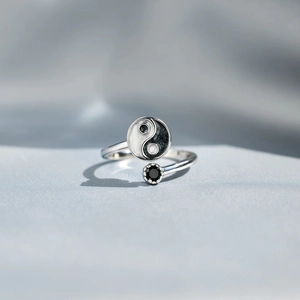 S925 Sterling Silver Yin Yang Tai Chi Ring For Women Black Blue Enamel Adjustable Open Finger Ring Fashion Jewelry
