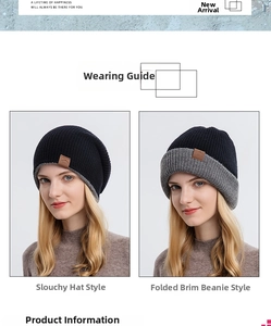 Detail of dual-layer knit beanie showing slouchy and cuffed styles with leather patch