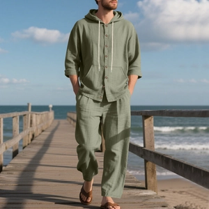 Men's sage green linen 3-piece beach set with hooded long sleeve shirt and jogger pants