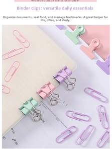 Close-up of macaron color binder clips and paper clips on a white notebook page