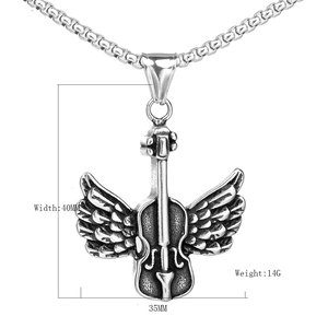 Silver stainless steel punk guitar eagle necklace for men, hip hop jewelry 40mm width