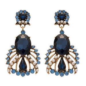 Vintage court style earrings with deep blue oval gemstones and white pearls in bronze setting