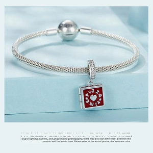 Detail of S925 sterling silver mesh bracelet with Pizza Time red enamel charm