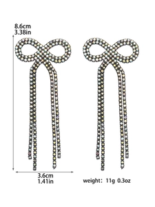 Detailed size specifications for long bowknot tassel earrings with rhinestones