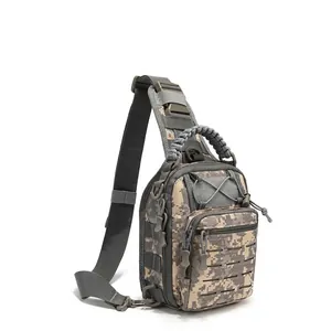 Detail of desert digital camo tactical bag with laser-cut Molle and paracord handle