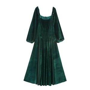 Elegant Square Neck Velvet Maxi Dress Long Lantern Sleeve Vintage Dark Green High Waist A-Line Swing For Women