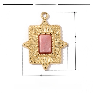 Vintage gold stainless steel rectangular pendant with pink natural stone and dimensions
