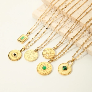 Set of 6 gold titanium steel necklaces with diverse evil eye and geometric pendants