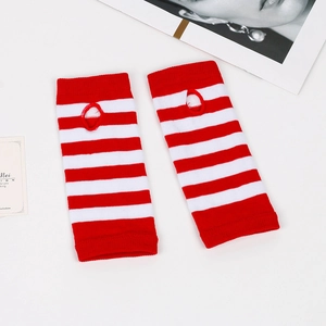 Detail of red and white striped knit arm warmers with thumb holes on white background