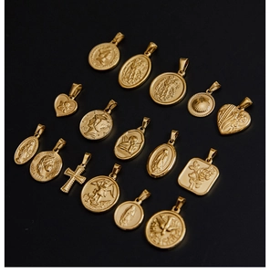 Macro view of 18K gold plated stainless steel vintage pendants in various shapes