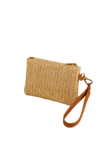 Summer retro straw woven coin purse with brown leather wrist strap and golden zipper