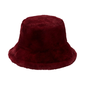 Detailed texture of thick dark red faux fur bucket hat for winter windproof protection