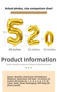 Size comparison chart for foil number balloons available in 16, 32, and 40 inches sizes