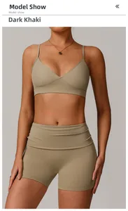 Deep khaki two-piece yoga set featuring a deep V-neck sports bra and high-waisted shorts