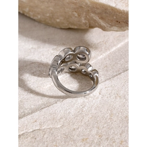 Polished stainless steel ring with irregular round zircon stones on a natural rock