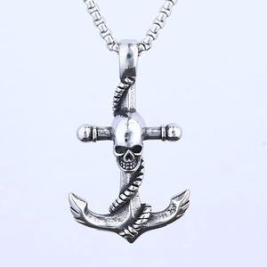 Vintage stainless steel anchor pendant with skull and cable chain for men in punk style