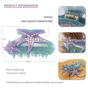 Blue starfish hair claw clip with purple rhinestones for women summer accessories