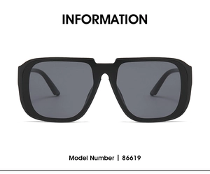 Vista frontal de gafas de sol cuadradas negras con número de modelo y descripción