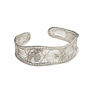 Silver hollow mesh geometric open cuff bracelet with layered 18k plated metal stripes