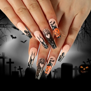 Halloween Press On Nails Long Coffin Fake Nails Pumpkin Spider Web Bat Design Black Orange French Style Gothic For Women