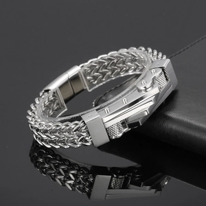 Detail view of silver stainless steel dragon bone chain with industrial clasp on black leather