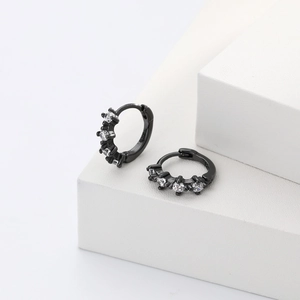 Minimalist black S925 silver hoop earrings with clear round zirconia stones for women