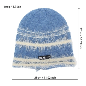 Blue knit beanie with white fuzzy stripes and a brand patch for winter warmth