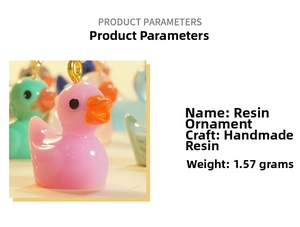 Detailed view of colorful resin duck charms showing various colors and product dimensions