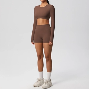 Brown two-piece yoga set with long sleeve crop top and high waist sports shorts