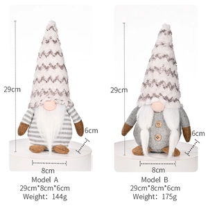 Detailed comparison of gray Christmas gnomes with striped hats and wooden button accents