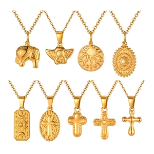 Gold Stainless Steel Necklace Embossed Cross Angel Elephant Sun Moon Star Pendant Elegant Women Vintage Religious Jewelry