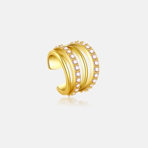 Detailed view of golden triple layer ear cuff set with purple and pink cubic zirconia