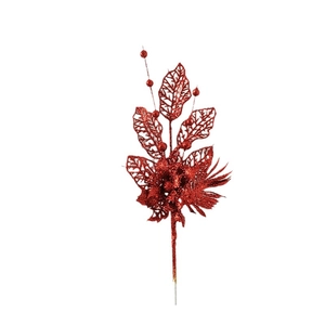 Glittering red Christmas tree branch with hollow leaves and festive berry accents