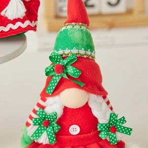 Christmas gnome doll with red and green striped hat and white plush braids decor