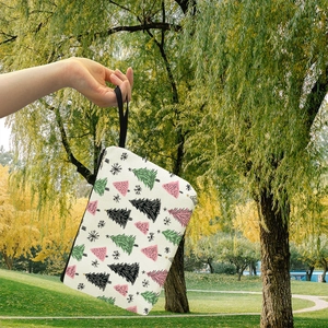 Christmas Tree Snowflake Pattern Makeup Bag Portable Linen Style Cosmetic Pouch With Zipper Wrist Strap For Travel