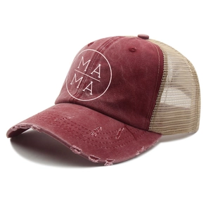 Detailed side view of distressed burgundy trucker hat with beige mesh and MAMA print