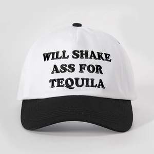 Close-up of contrast stitch baseball cap with 'WILL SHAKE' embroidery and flat brim