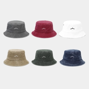 Washed Cotton Bucket Hat Mountain Embroidery Vintage Retro Breathable Outdoor Sun Hiking Fishing For Men Women