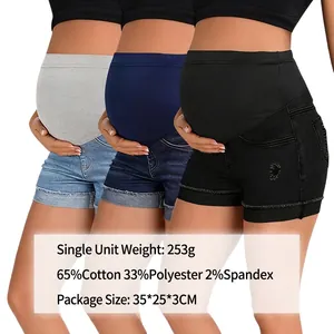 Pantaloncini Di Denim Premaman Vita Alta Fascia Di Sostegno Pancia Strappati Consumati Orlo Risvoltato Jeans Casual Estivi
