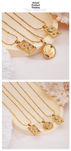 Detailed macro view of three gold tarot necklaces with embossed celestial sun and star motifs