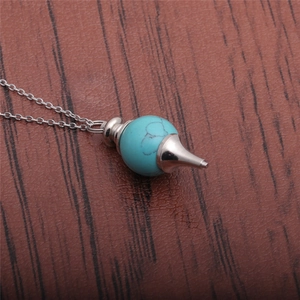 Hollow round blue turquoise pendant necklace with silver tone pendulum and chain