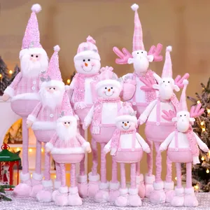 Christmas Retractable Doll Plush Pink Sequins Santa Claus Snowman Reindeer Standing Ornament Home Holiday Decor