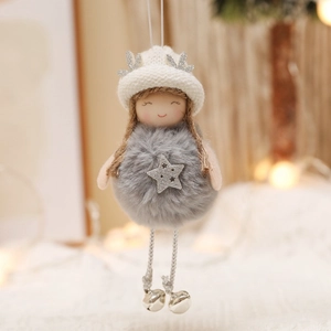 Hanging gray and white plush Christmas angel doll with metal bells and reindeer antlers