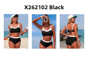 Three-view layout of a sporty black and white bikini with ring buckle detail and high waist