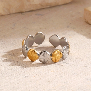 Two-tone shell design stainless steel ring with 18k gold plating on a stone surface