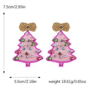 Pink beaded Christmas tree earrings with colorful rhinestones and 7.5cm length dimensions