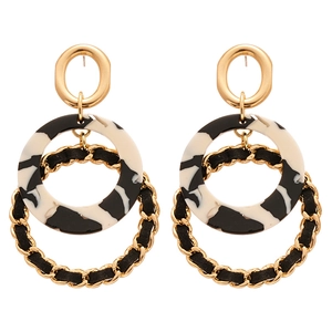 Retro double hoop earrings featuring leopard resin and golden leather chain link details
