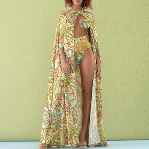 Women Bikini And Long Cover Up Ethnic Mosaic Print Bohemian Beach Vacation Swimwear Polyester