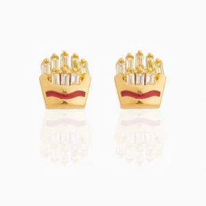 Detailed macro view of gold-plated french fries earrings with sparkling zircon stones